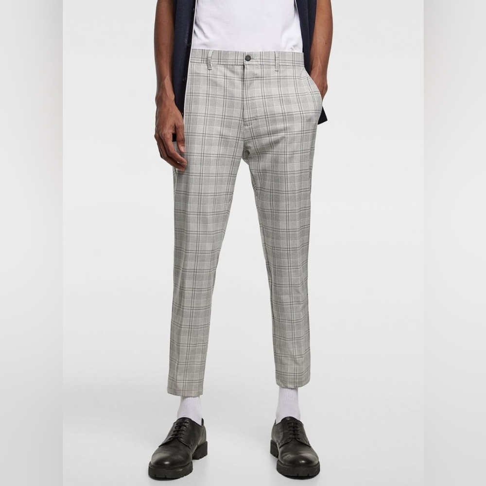 Zara Man Plaid Cropped Pants Sz 31 Business Casual Black White Flat Front